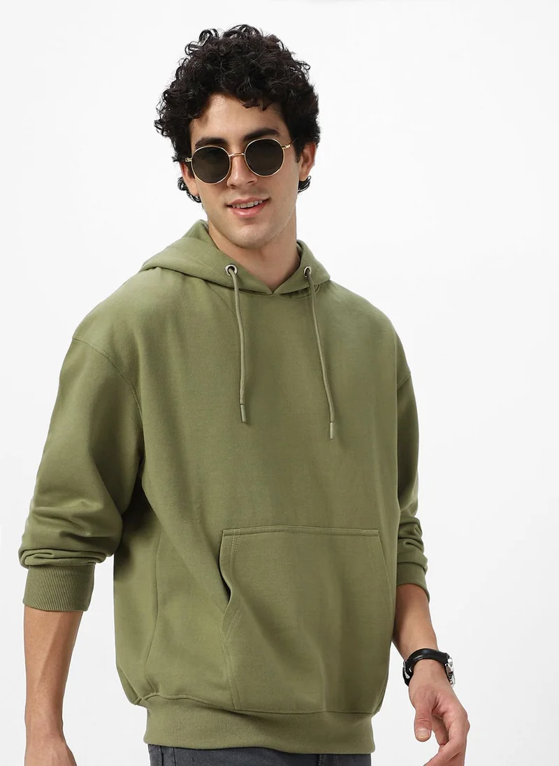 Urbano Fashion Men's Potent Olive Cotton Solid Oversized Hooded Neck Sweatshirt